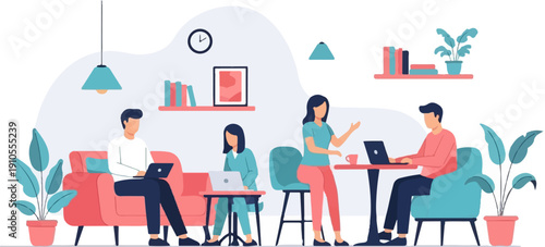 Four people working remotely in a casual, modern interior with plants