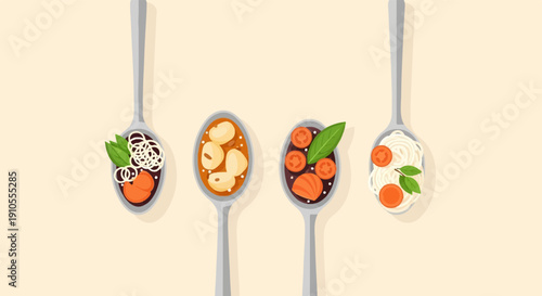 Four spoons hold delicious culinary creations with garnishes and colorful ingredients