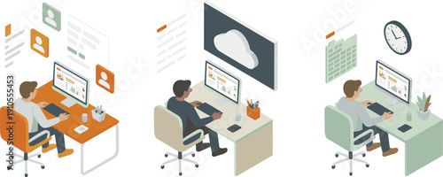 Minimalist isometric remote workspace illustration showing professionals working at desks with cloud interface and modern digital productivity tools