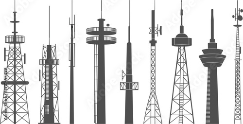 Communication towers and radio antenna silhouettes, telecommunication masts for cellular signal transmission vector