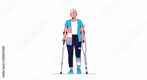 Transgender person standing with crutches, illustrating journey toward recovery and support. Transgender person uses medical crutches for mobility assistance, symbolizing resilience and identity.