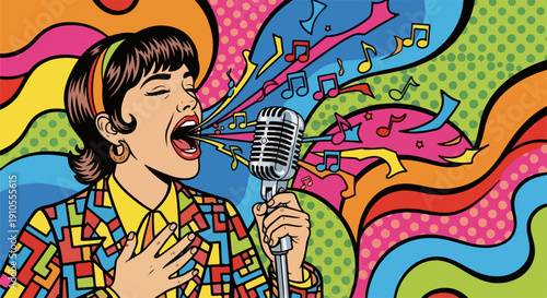 Pop art music illustration with vibrant singing woman and microphone. Energetic pop art music scene features colorful notes, abstract lines, and retro style.
