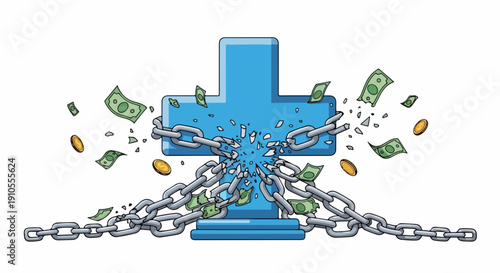 Blue plus symbol breaking metal chains, representing financial freedom. Exploding links with scattered money illustrate overcoming debt and achieving monetary growth.