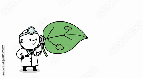 Doctor character examining large green leaf, symbolizing plant health. Cartoon doctor with stethoscope, head mirror inspects leaf surface for disease signs, illustrating botanical wellness.