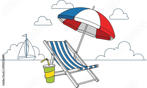 A single blue and white striped deck chair sits under a red, white, and blue umbrella next to a drink on a beach with a sailboat visible.
