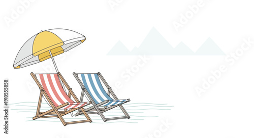 Two striped deck chairs and a yellow and white beach umbrella sit ready for relaxation on a bright, minimalist shore.