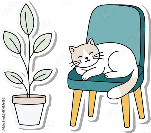 A cute cartoon cat sleeps peacefully on a teal upholstered chair next to a potted houseplant sticker design.