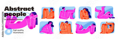 Abstract naked people in different poses set. Silhouettes of nude bodies in sitting and lying postures. Characters are in various positions. Flat isolated vector illustrations on white background.