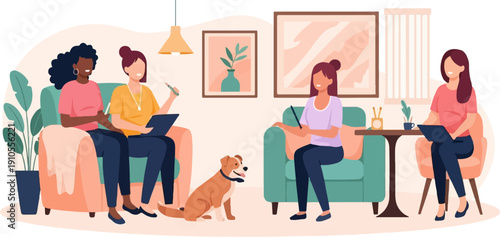 Four women and a dog relax indoors, some working on laptops and tablets