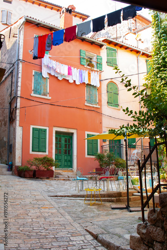 Street scene in old mediterranean town of Rovinj, Croatia.