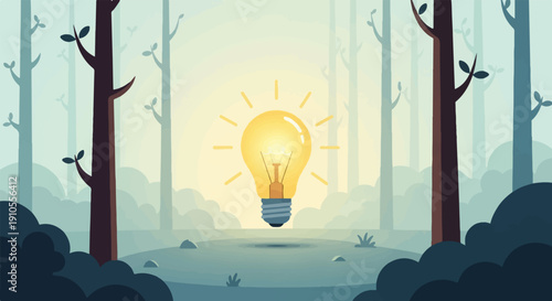 Glowing light bulb suspended in a misty forest, symbolizing innovation