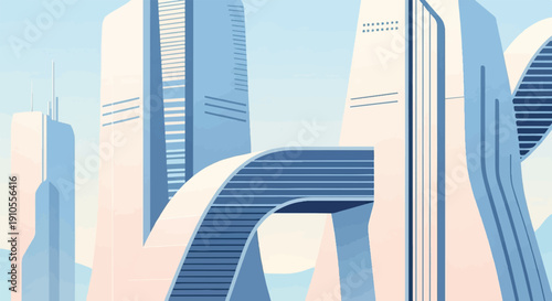 Futuristic cityscape with abstract, flowing architectural structures and sky