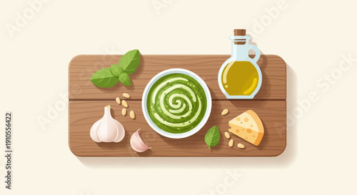 Fresh pesto ingredients arranged on a wooden board with olive oil