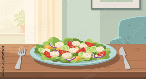 Fresh salad with cheese and vegetables served on a table with cutlery and a plant