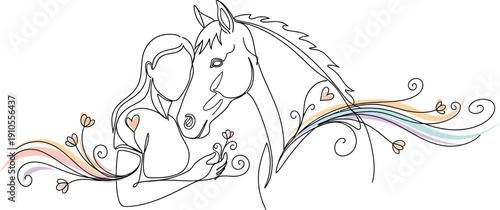A simplified line art drawing depicts a young person embracing the head of a horse, symbolizing deep affection and the bond between human and animal.
