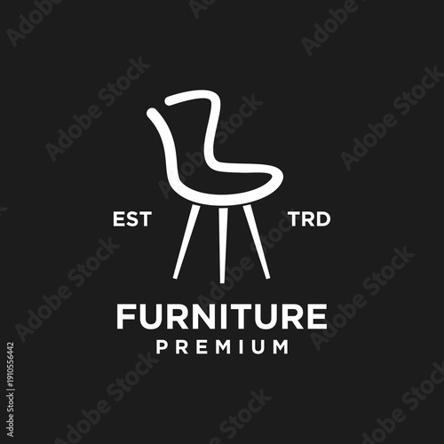 Modern Minimalist White Chair Line Art Furniture Premium Logo Design on Black Background