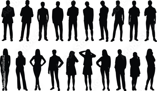 Collection of black male and female people silhouette vector illustrations standing in various poses isolated on white background for business, social, and design projects