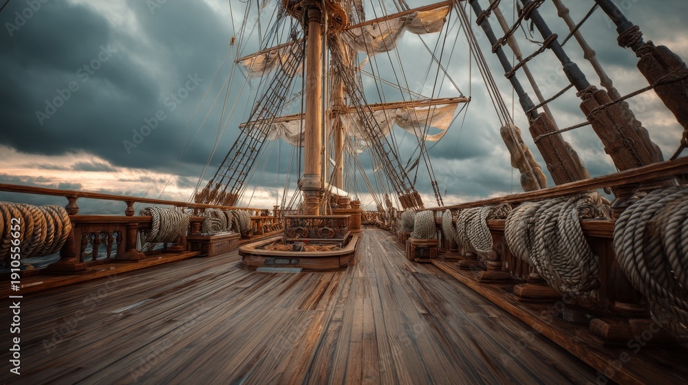 Obraz premium Wooden deck of an old sailing ship during a stormy day. Adventure travel concept for pirate story or nautical history backdrop. Sea voyage.