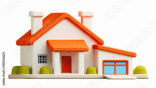 Cute 3D Rendered Cartoon House Model with Orange Roof and White Walls on White Background