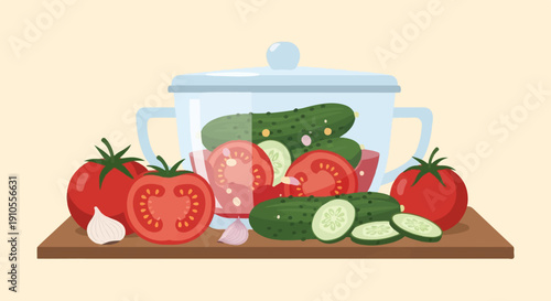 Fresh tomatoes, cucumbers and garlic on a cutting board inside a glass container