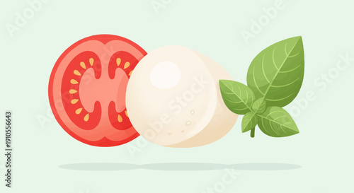 Fresh tomato slice, mozzarella ball, and basil leaves on light background