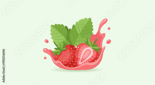 Fresh strawberries and mint splashing in pink juice