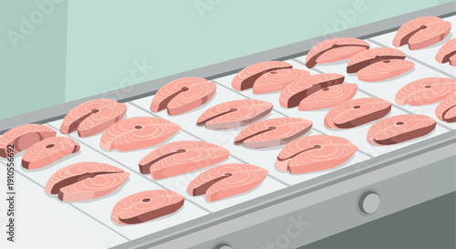 Fresh salmon steaks arranged on a conveyor belt in a processing facility