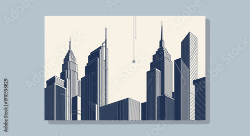 Modern skyscrapers stand tall in the cityscape, a graphic illustration of urban architecture from a frontal viewpoint.