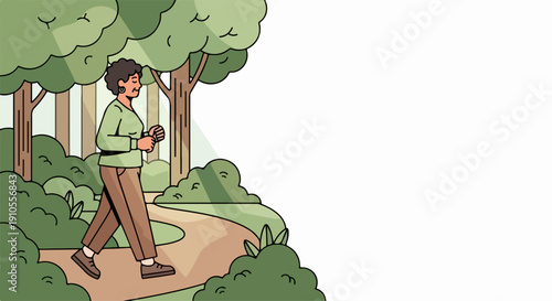 Person enjoying calm park walk along winding path surrounded by lush green trees and shrubs. Woman taking refreshing park walk, holding small object in hands while exercising outdoors.