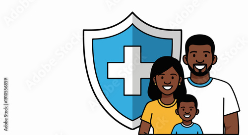Illustration showing african family health protection, parents standing with child, all smiling together. Cartoon family members symbolize secure future, medical safety,