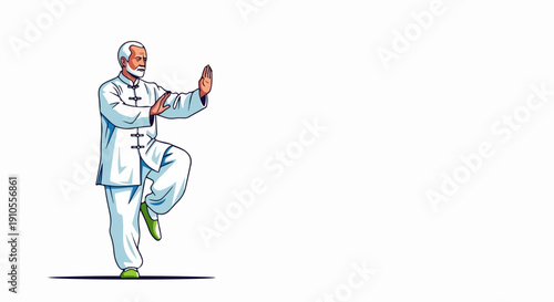 Senior man performs flowing Tai Chi movements, standing on one leg in traditional white uniform. Gentleman demonstrates balanced pose, showing calm control and mindful Tai Chi.