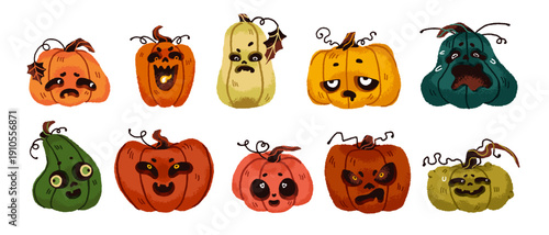 Set of different Halloween pumpkins. Scary gourds with cut faces. Spooky heads of Jack. Fearful squashes for Helloween holiday. Flat isolated hand drawn vector illustrations on white background.