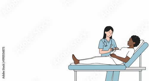 Dedicated prenatal care by healthcare provider examining pregnant woman lying on an examination bed. Prenatal care involves routine checkups,