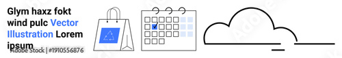 Online shopping, scheduling, ecommerce, planning, time management, and cloud storage. A shopping bag, calendar with marked date and stylized cloud. Ecommerce and scheduling concept