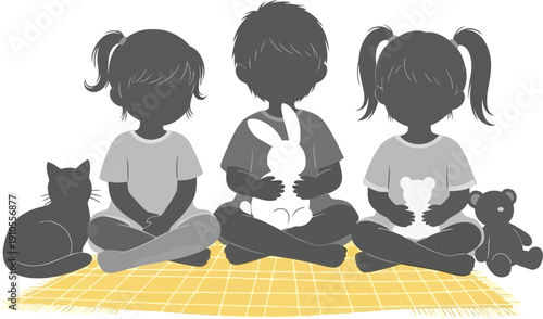 Silhouettes of three young children sitting cross-legged on a patterned mat holding stuffed animals beside a pet cat.
