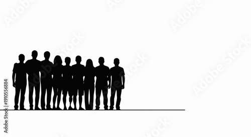 People silhouette stands on white background, presenting unified front. Diverse individuals forming cohesive people silhouette symbolize collaboration, unity, strength.
