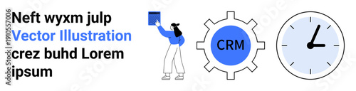 Business productivity, CRM systems, time tracking, workflow management, efficiency, teamwork. Graphic of a person, gear labeled CRM and a clock. CRM systems and time tracking concept