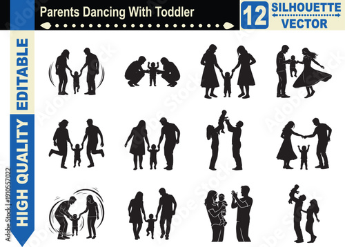 Silhouette collection of parents dancing with their toddler, symbolizing family happiness, fun parenting, and domestic love in a cozy home.