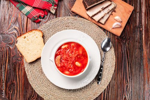 traditional Ukrainian borscht or red soup in the bowl