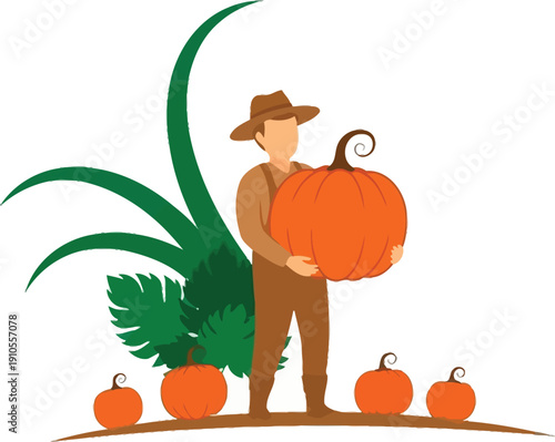 Farmer holds a large orange pumpkin while standing near smaller gourds and green foliage on the ground.
