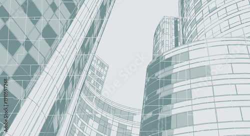 Modern skyscrapers with sleek glass facades and geometric patterns viewed from below in an urban landscape