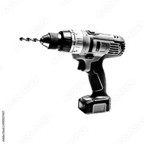Halftone illustration of a cordless power drill with drill bit attached, isolated on white background. Portable electric tool for construction, DIY, and home improvement.
