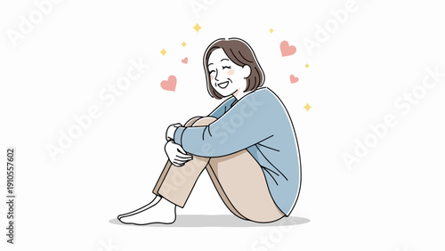 Woman portraying self love, sitting on floor, knees hugged, eyes closed, gentle smile. Hearts symbolize inner contentment, reflecting deep self love, emotional well being.