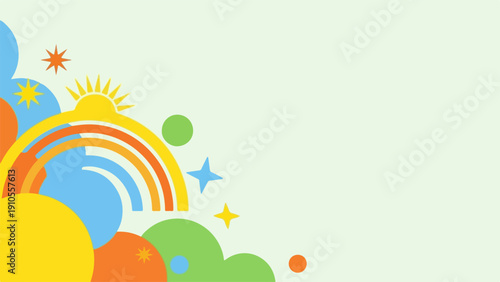 Vibrant playful illustration with cheerful rainbow, bright sun, clouds, stars in corner design. Playful illustration includes abstract shapes, colorful circles, creating whimsical border.