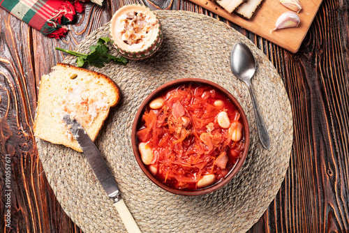 traditional Ukrainian borscht or red soup in the bowl