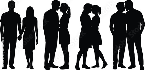 Romantic couple silhouettes set, man and woman holding hands kissing and hugging, love relationship concept isolated on white background, vector illustration