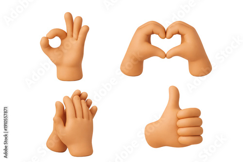 Orange 3D Hand Gesture Collection Thumbs Up Heart OK and Applause Isolated