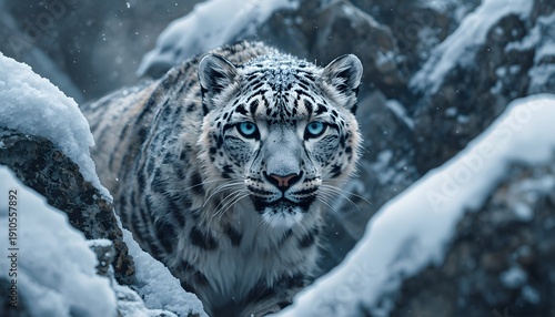 Snow leopard staring through rocks in winter mountain landscape