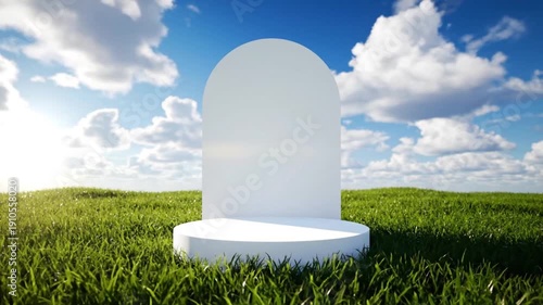 A serene 3D rendered pedestal stage in a lush green grassy field under a bright blue sky with fluffy white clouds and warm sunlight, perfect for product showcases or conceptual displays