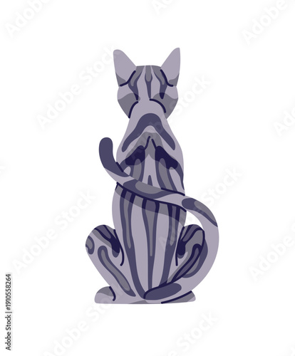 American Shorthair sits back view. Cute tabby cat is turned away. Behind of striped grey kitten. Backside of gray kitty, pet, domestic animal. Flat isolated vector illustration on white background.